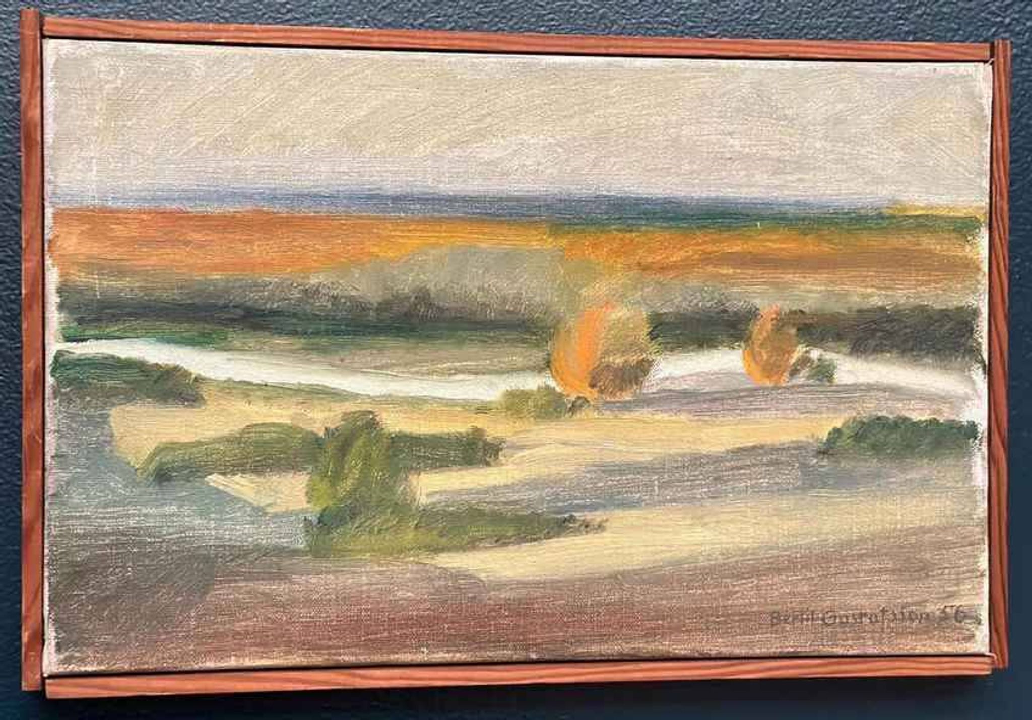 Original Mid Century Swedish Oil On Canvas – “Landscape” By Bengt Gustafsson 1952– Vintage & Framed