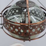 Pair of 1970s Brutalist Copper and Blown Glass Green Bottle Pendant Lamps