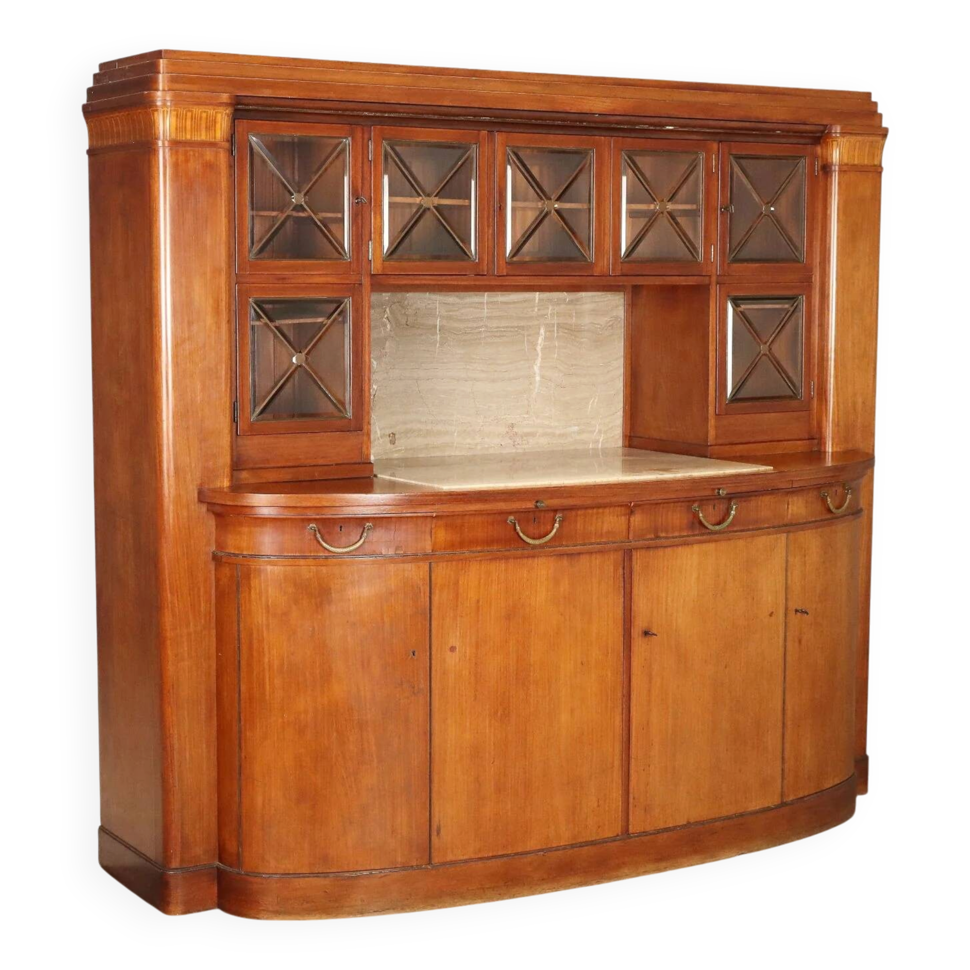 Mahogany buffet with marble and maple inlays.