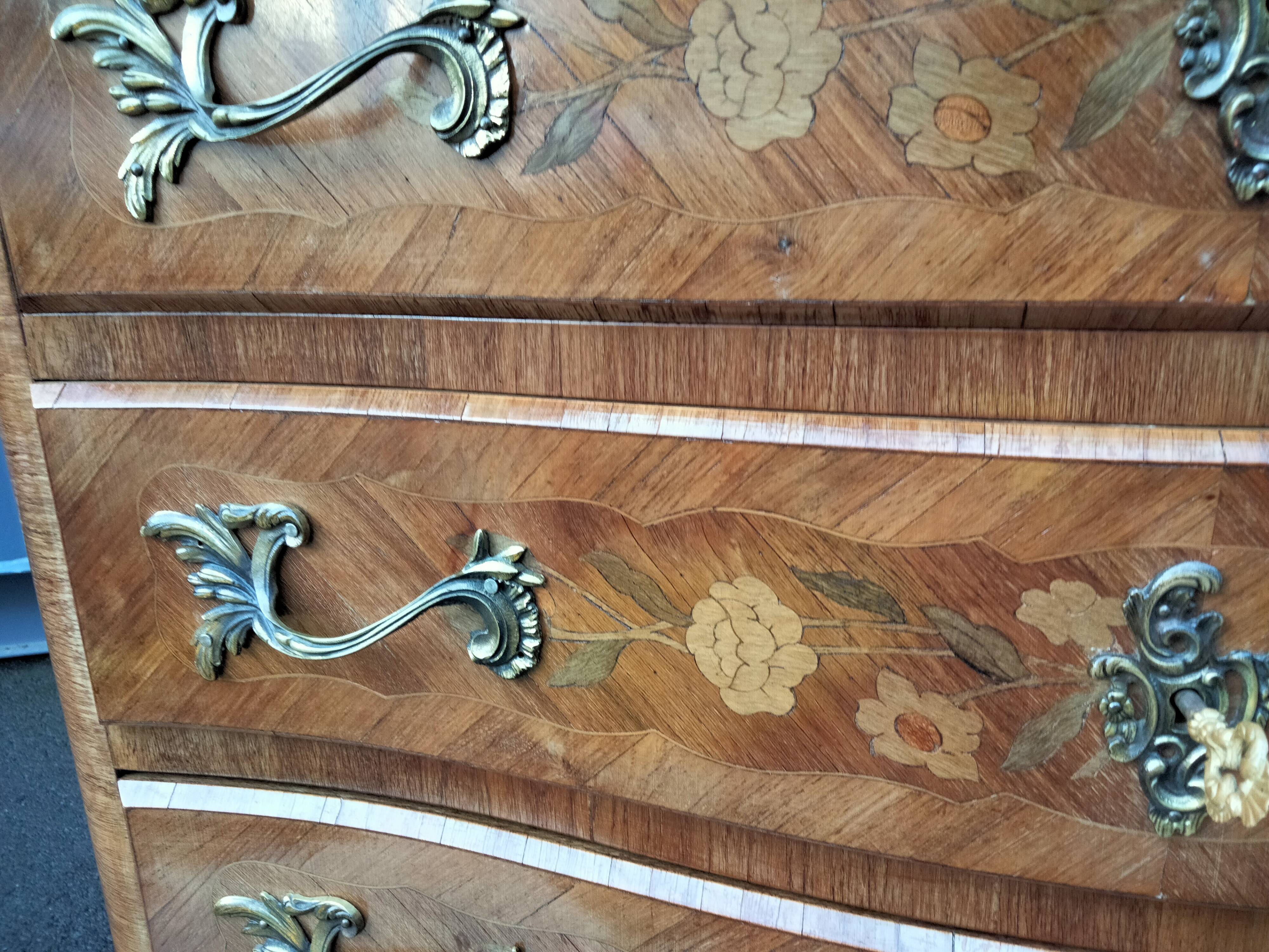 Chest of drawers old marquetry marble top Louis XV style