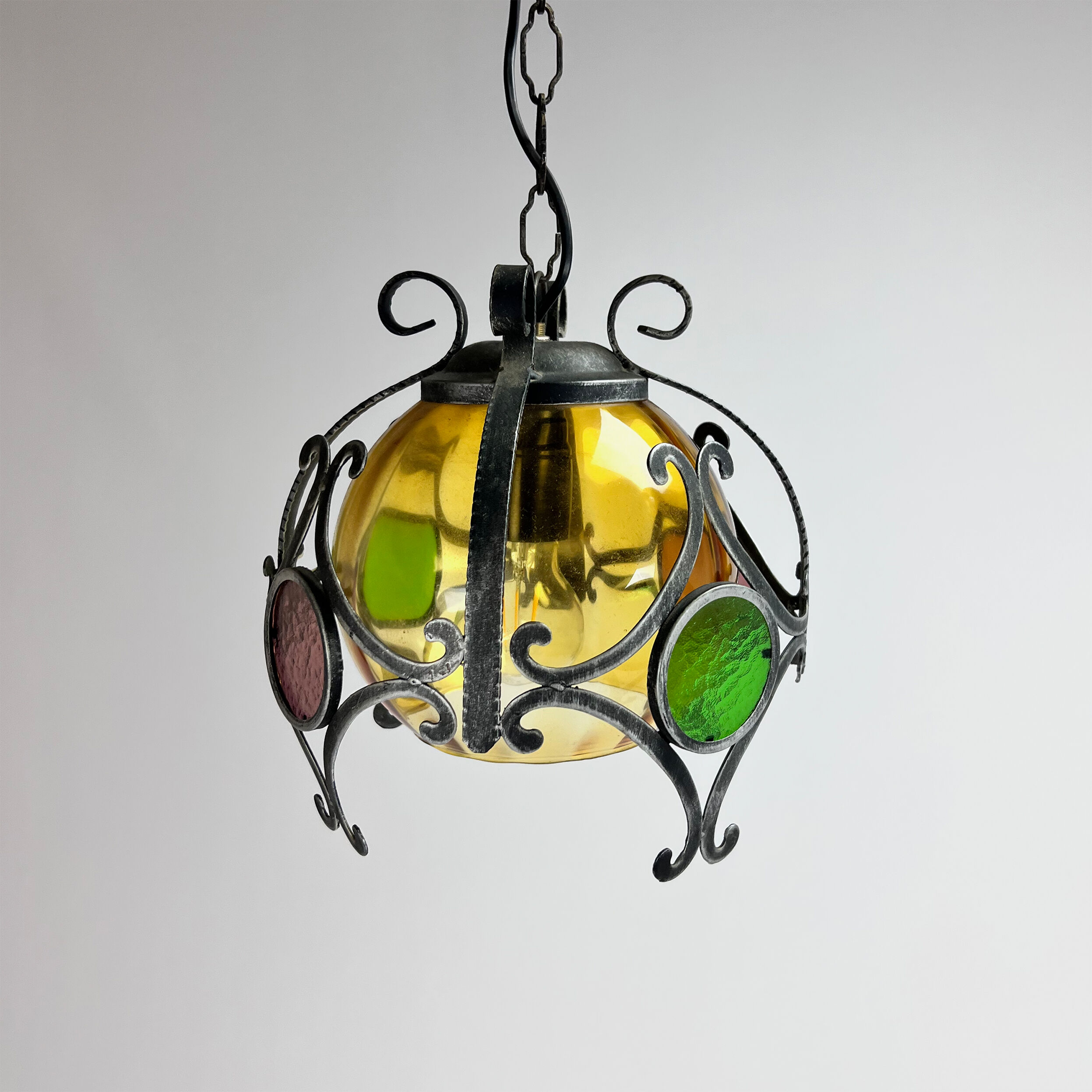 Brutalist cast iron and colored glass pendant, 1970s