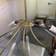 Vintage 8-light chandelier in brass and ribbed opaline glass