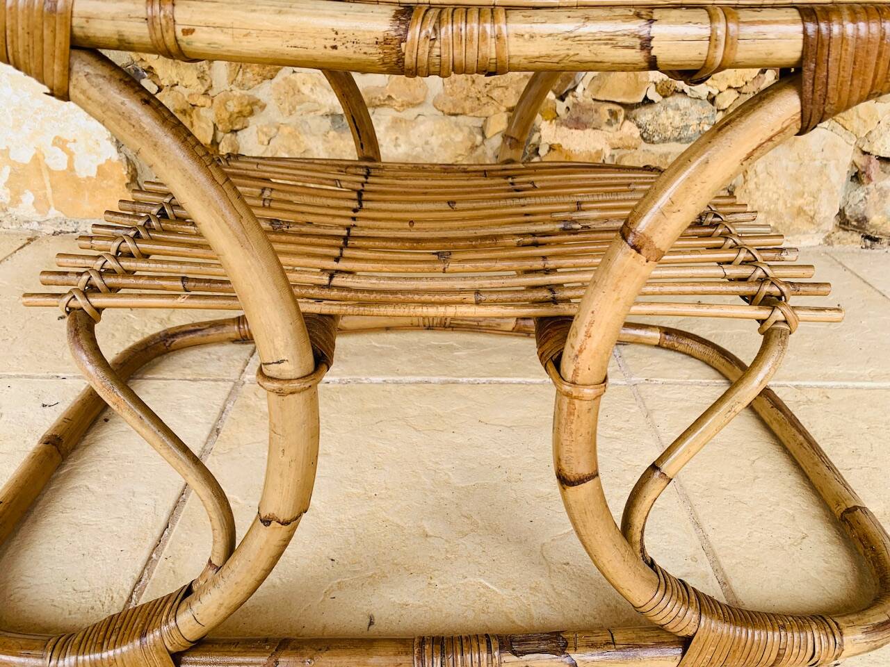 Table basse vintage en bambou et rotin dans le goût de Tito Agnoli, circa 1960