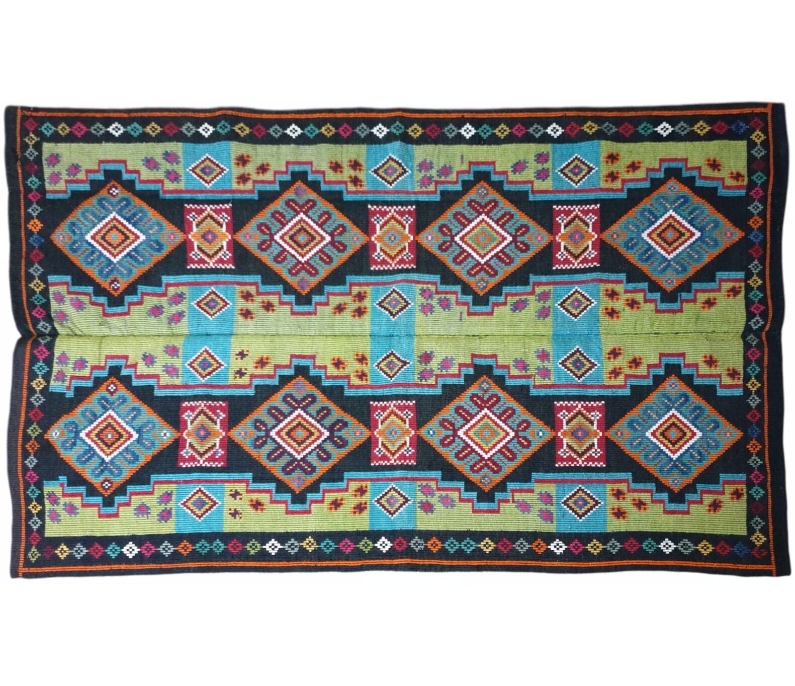 Handwoven vintage accent geometrical rug, colorful wool, Romanian carpet 220x146cm