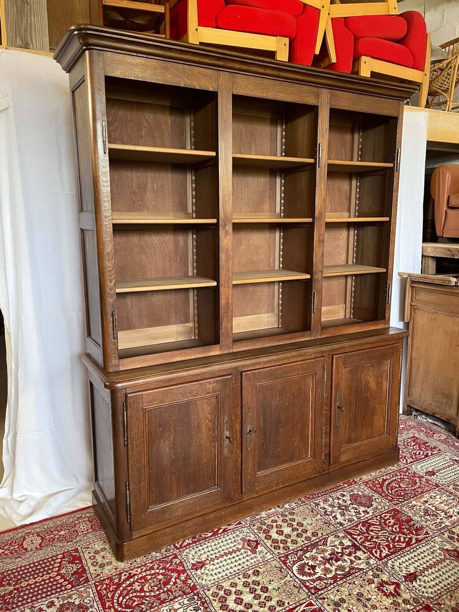 Large antique two-body library in solid oak – 3 glass doors