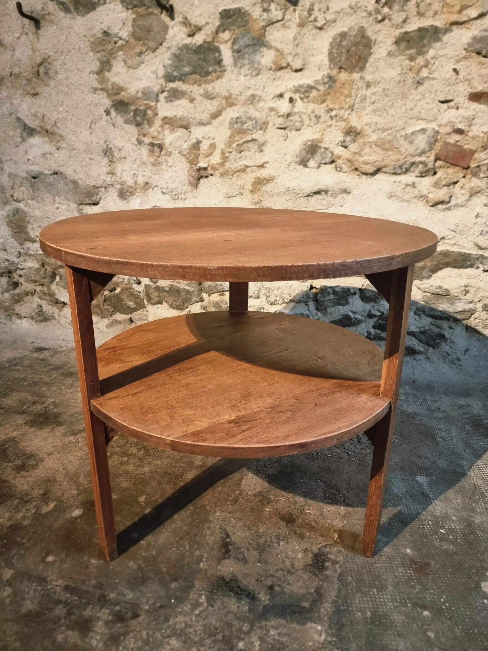 Vintage solid oak coffee table | 1930s round side table with shelf