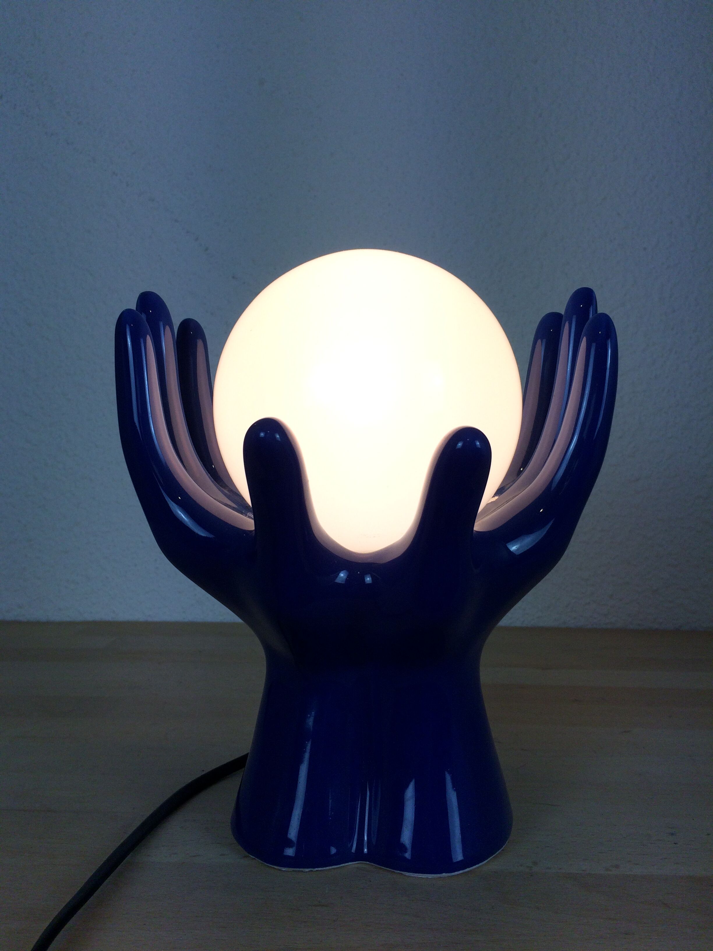 Blue ceramic hand lamp 70s and globe opaline