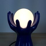 Blue ceramic hand lamp 70s and globe opaline