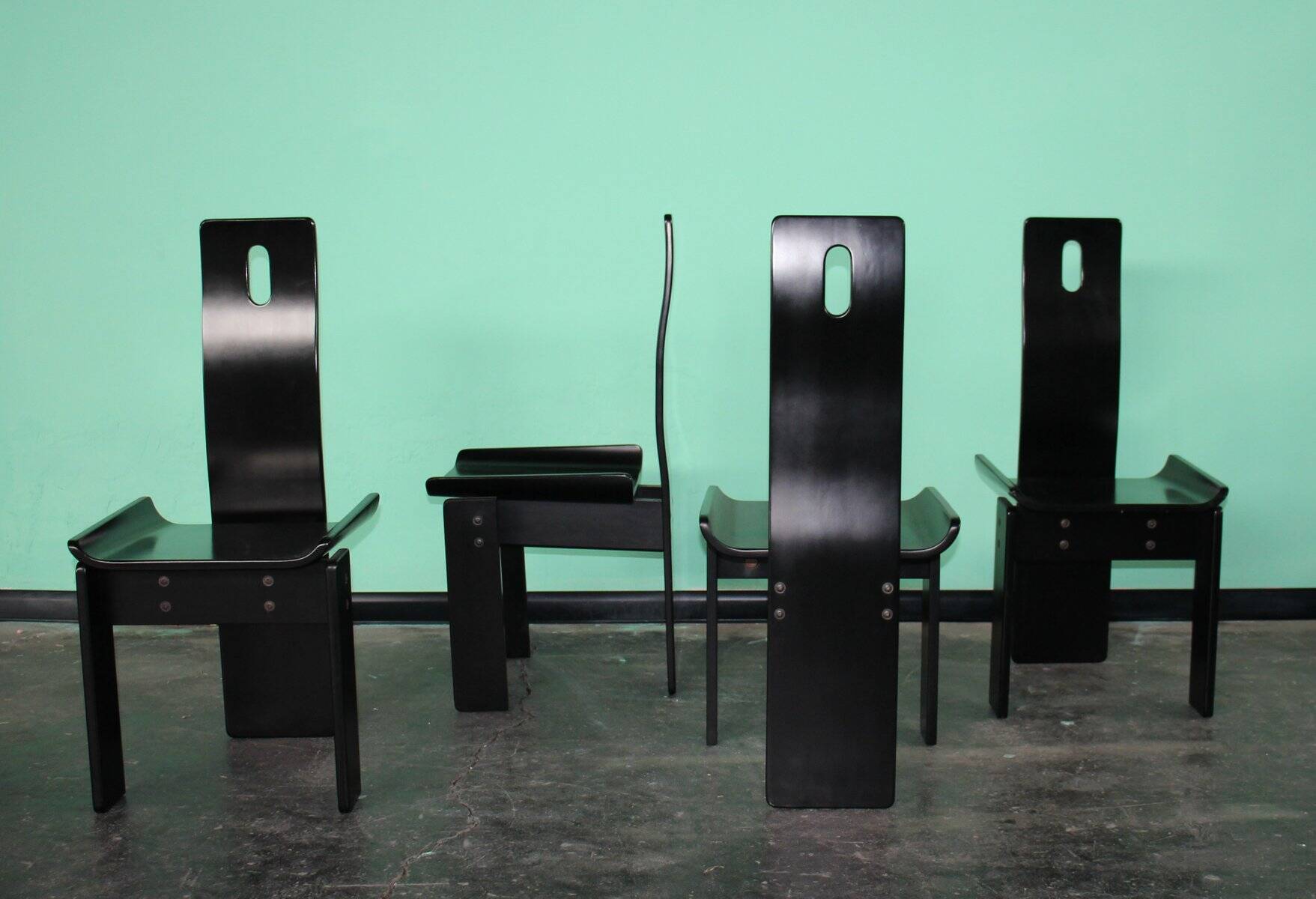 High-Back Black Lacquer Dining Chairs, Italy, 1970s, Set of 4