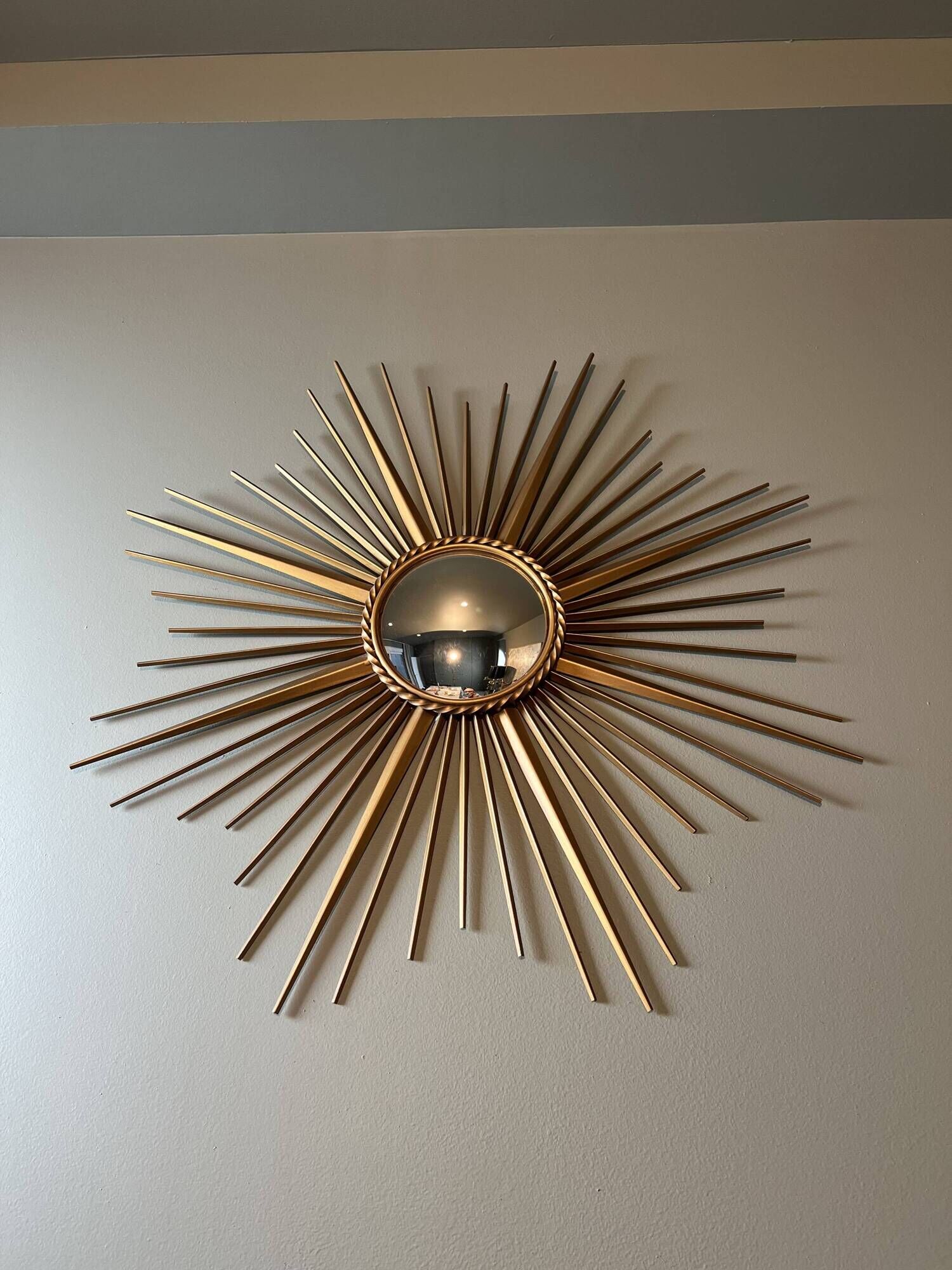 Golden Metal Sun Mirror with Convex Mirror by Chaty Vallauris. French Work