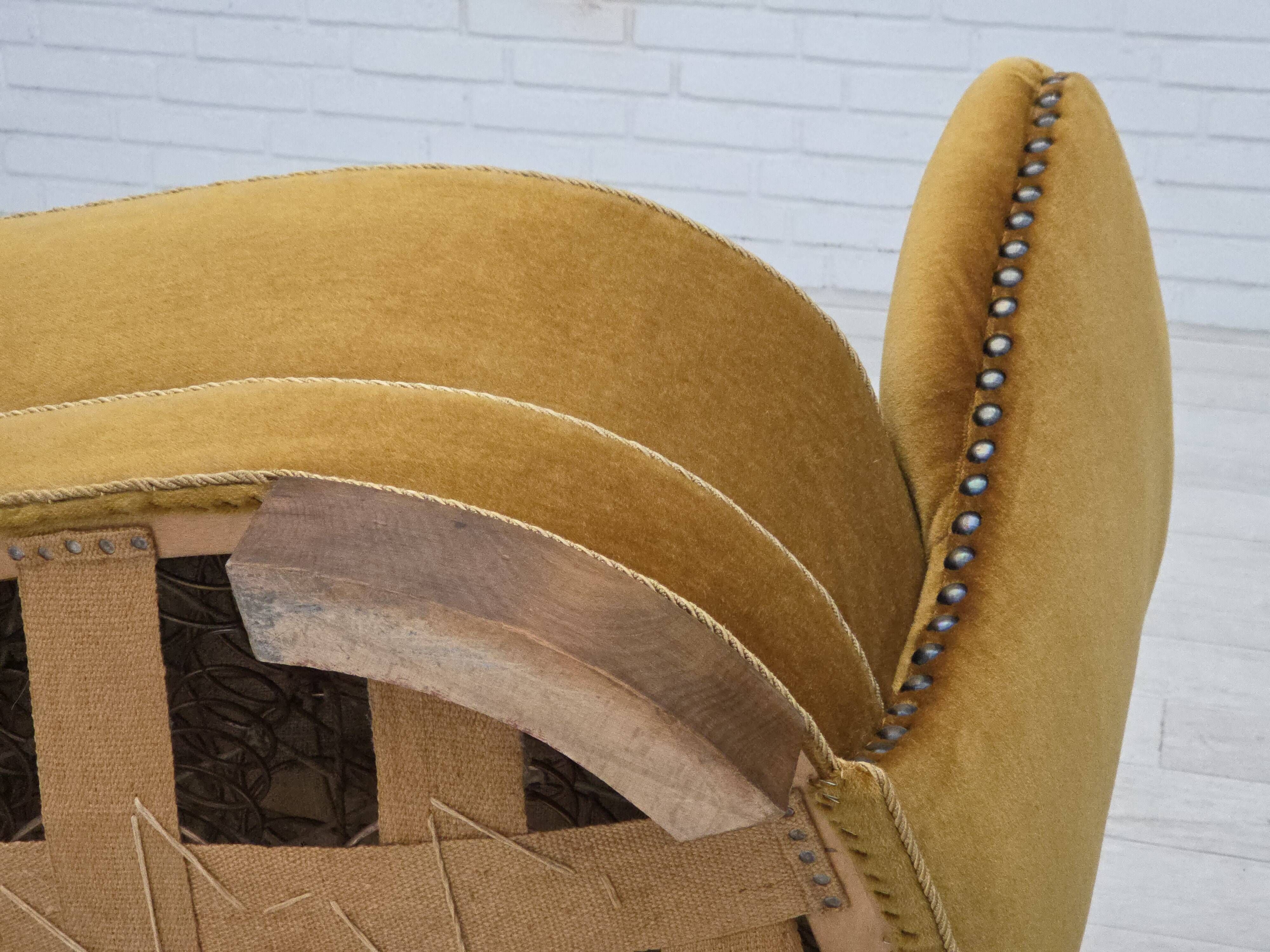 1960s, 2-seater Danish "Banan" sofa, original olive/green furniture velour.