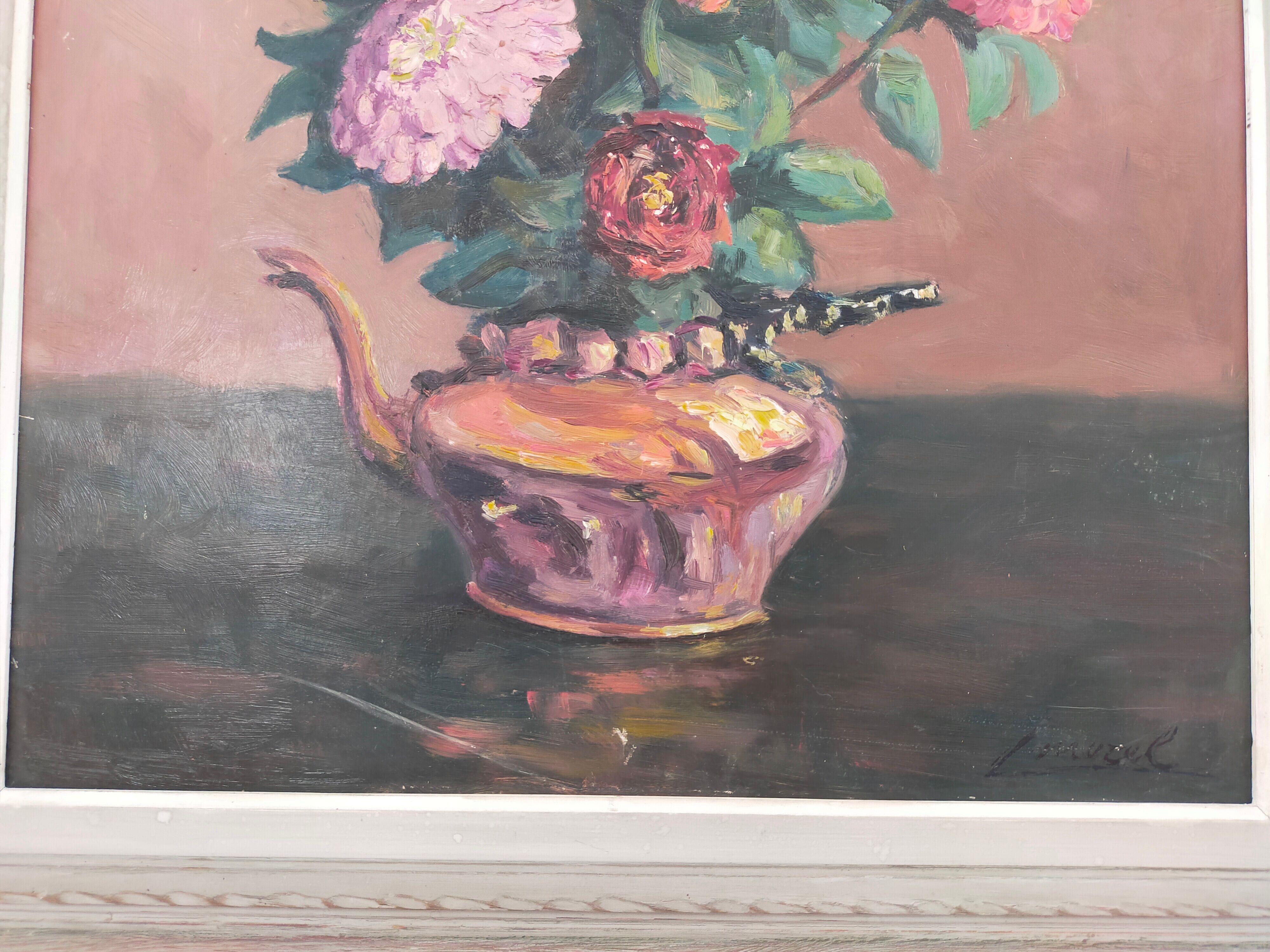 Still Life with Flowers Oil painting on panel signed Louis Morel