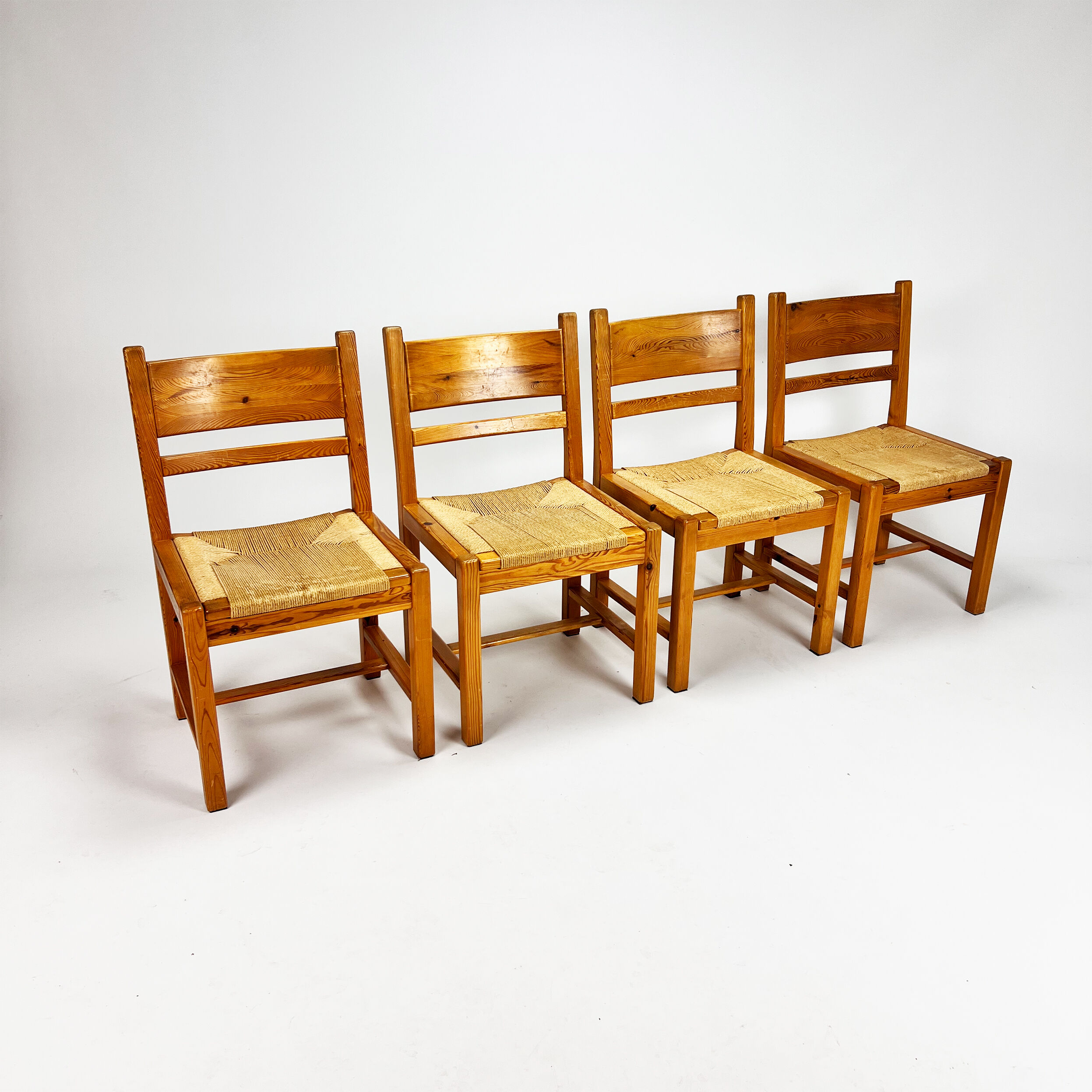 Set of 4 mid century scandinavian pine and papercord dining chairs, 1960s