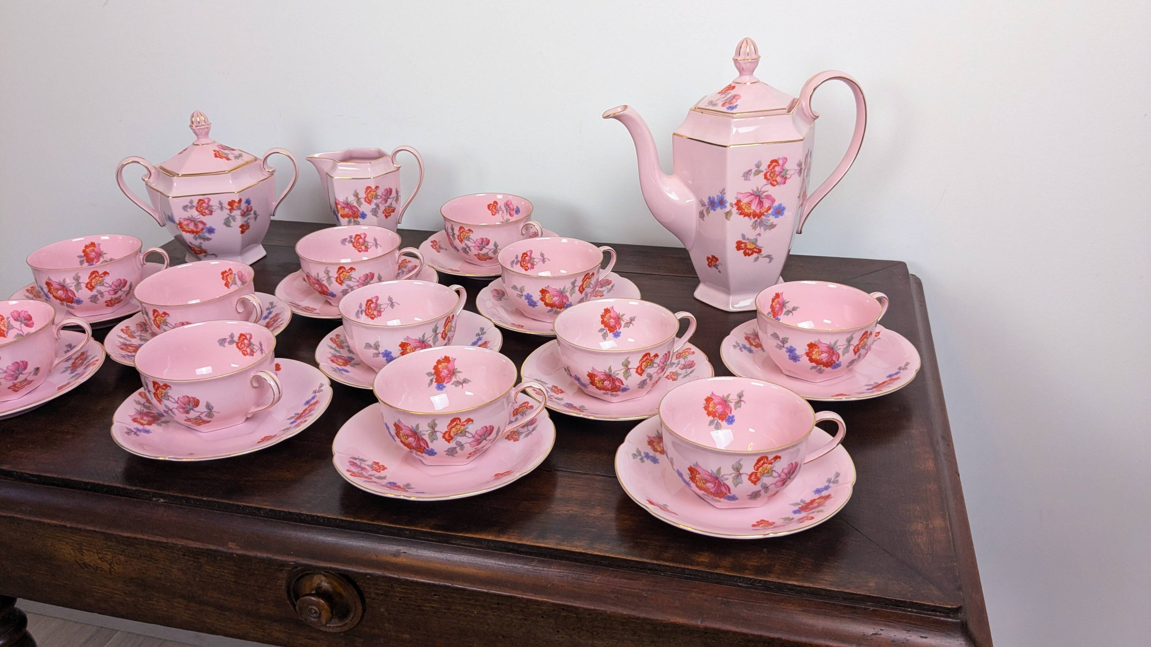Epiag Czechoslovakia 27-piece art deco pink porcelain coffee set