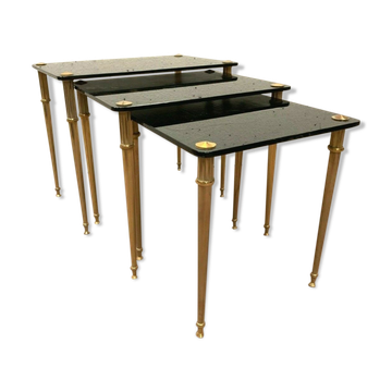 Pull out tables in brass and black glass XX century