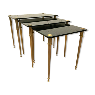 Pull out tables in brass and black glass XX century