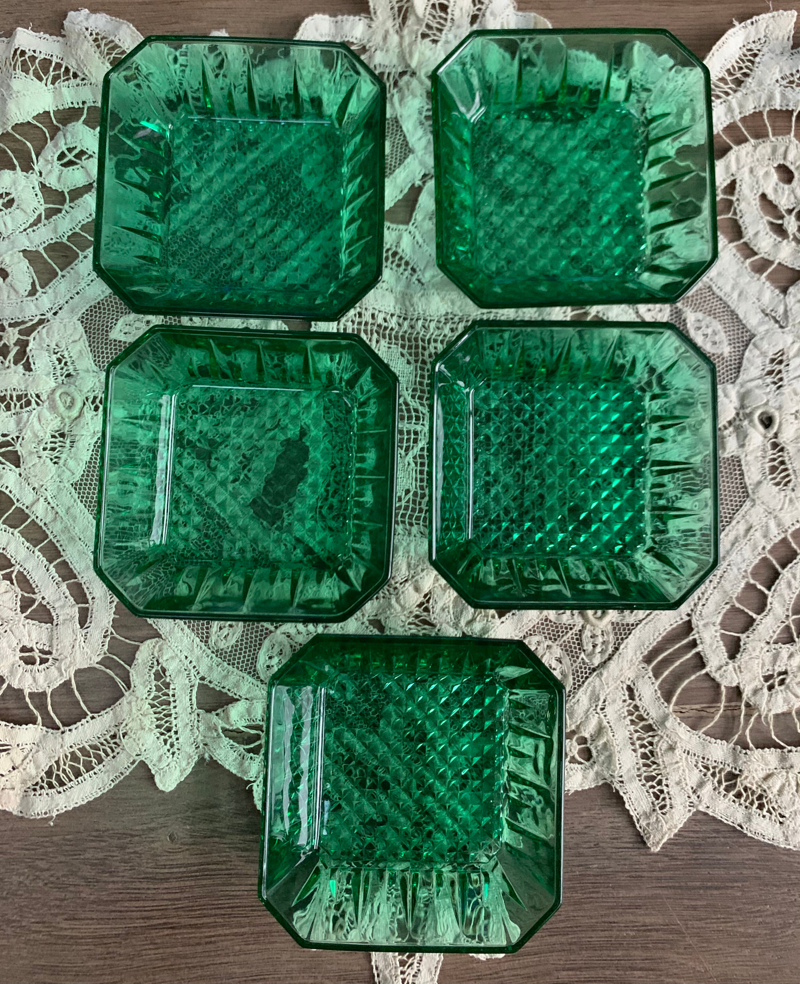 Arcoroc ramekins set - vintage ashtray cut emerald green diamond glass