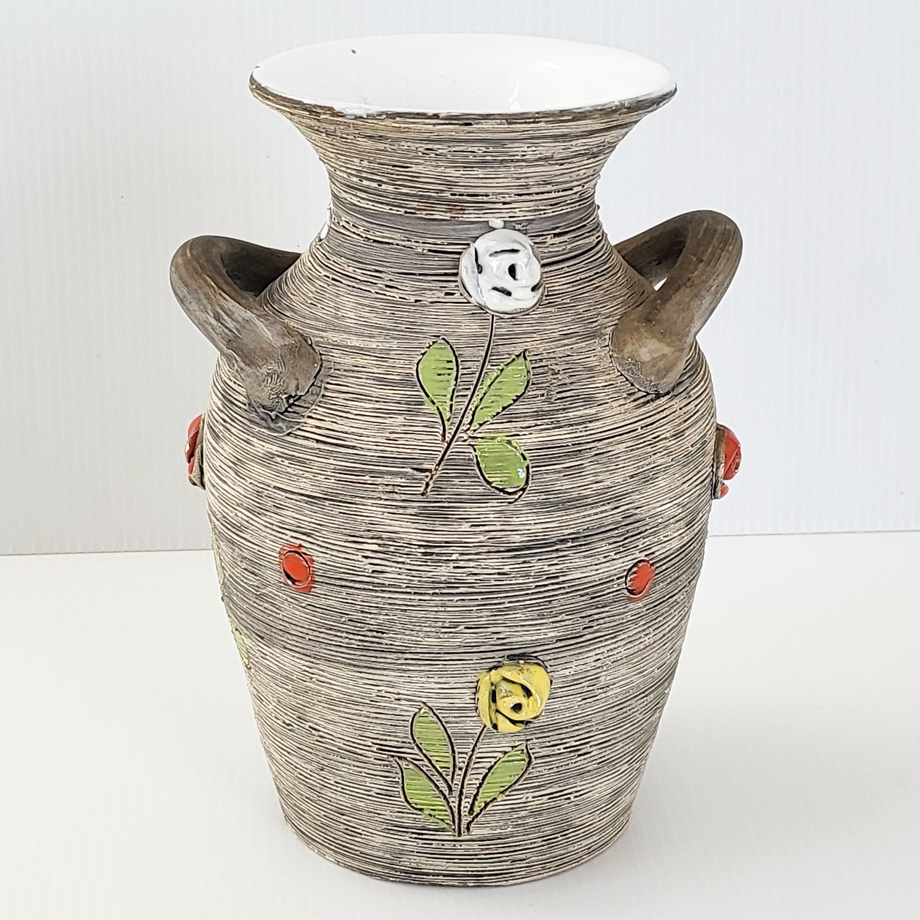 Vintage vase 1950 ceramic flowers relief