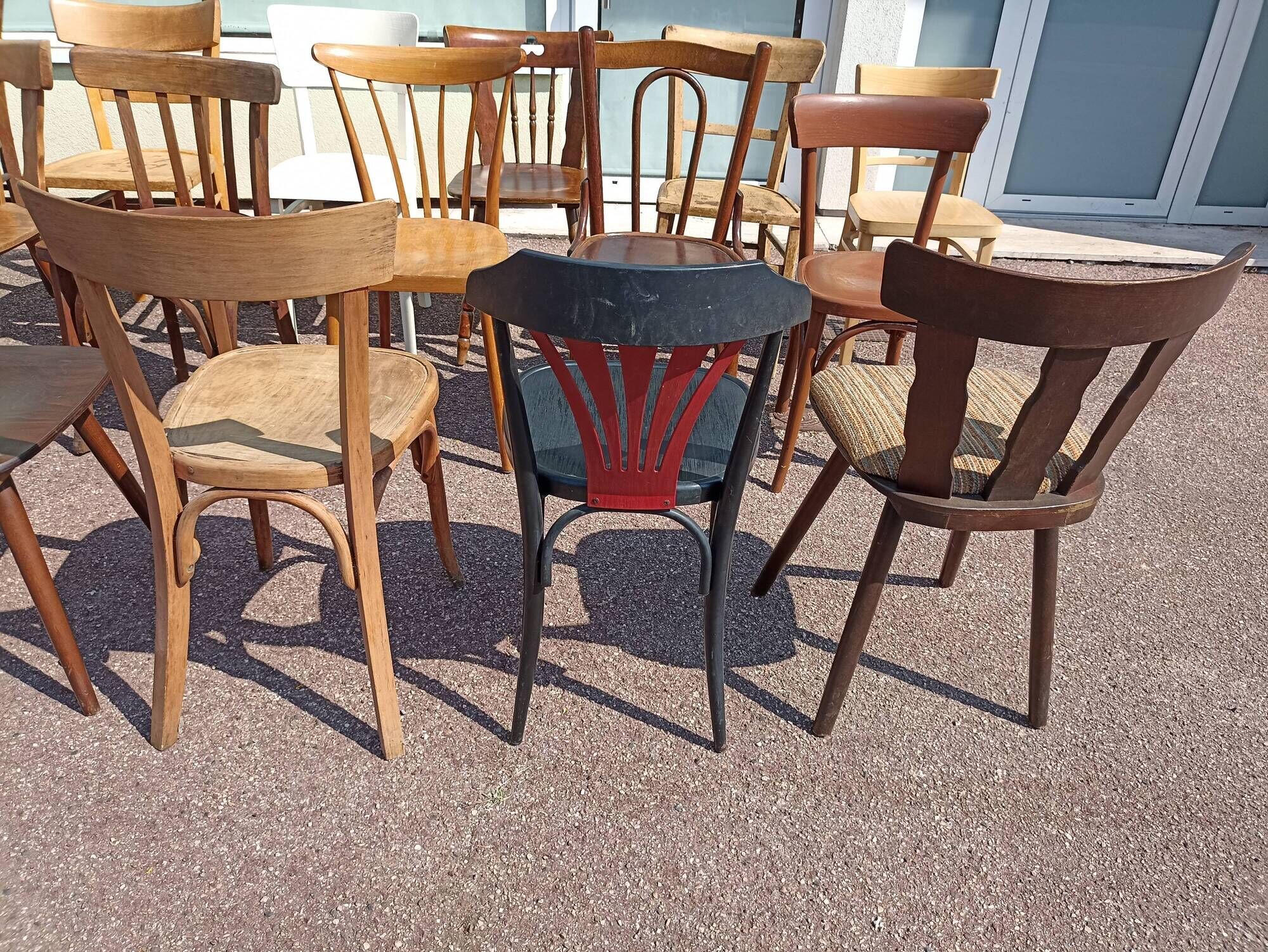 Set of 18 mismatched wooden bistro chairs - vintage