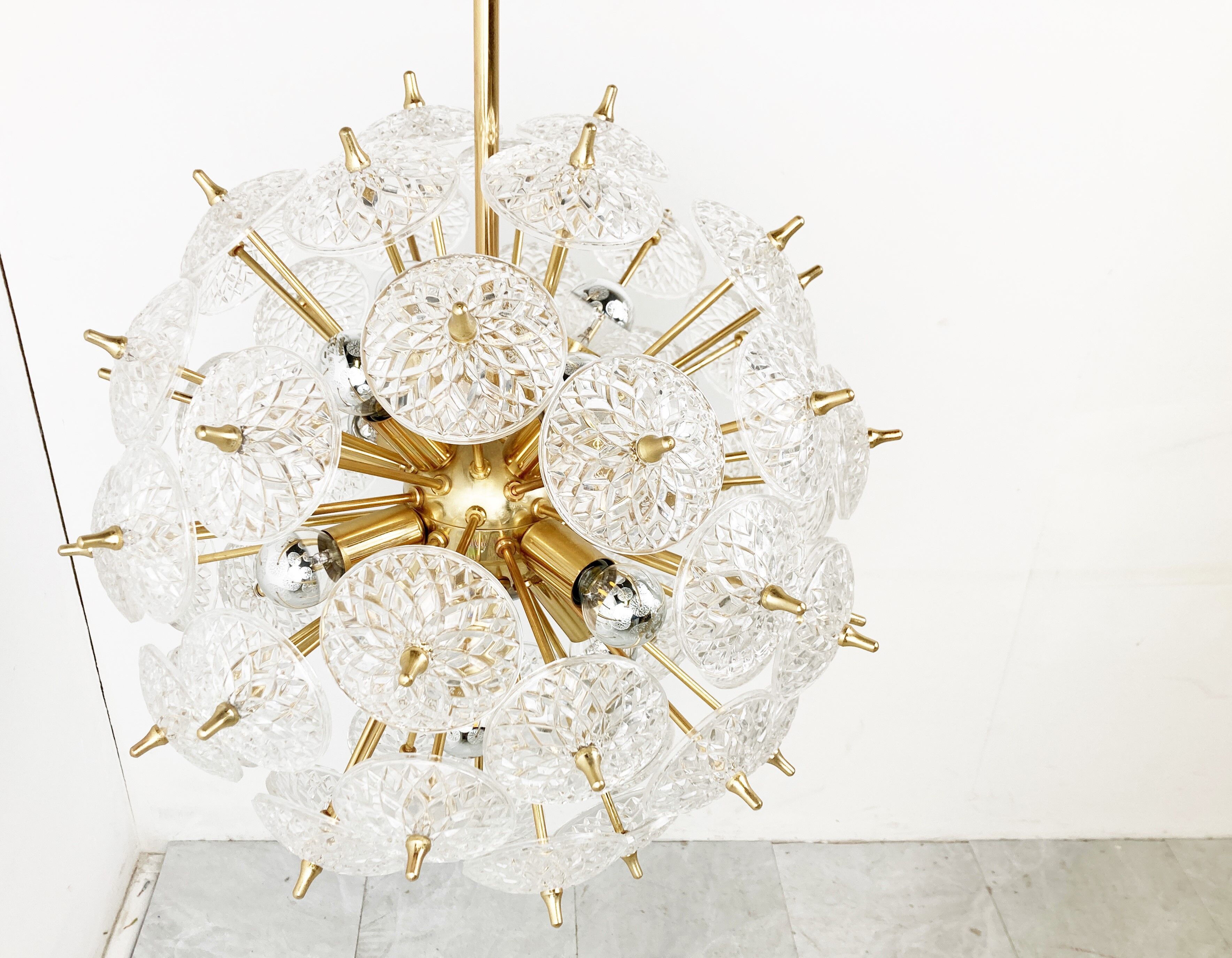 Mid century brass and crystal sputnik chandelier by Val saint lambert, 1960s