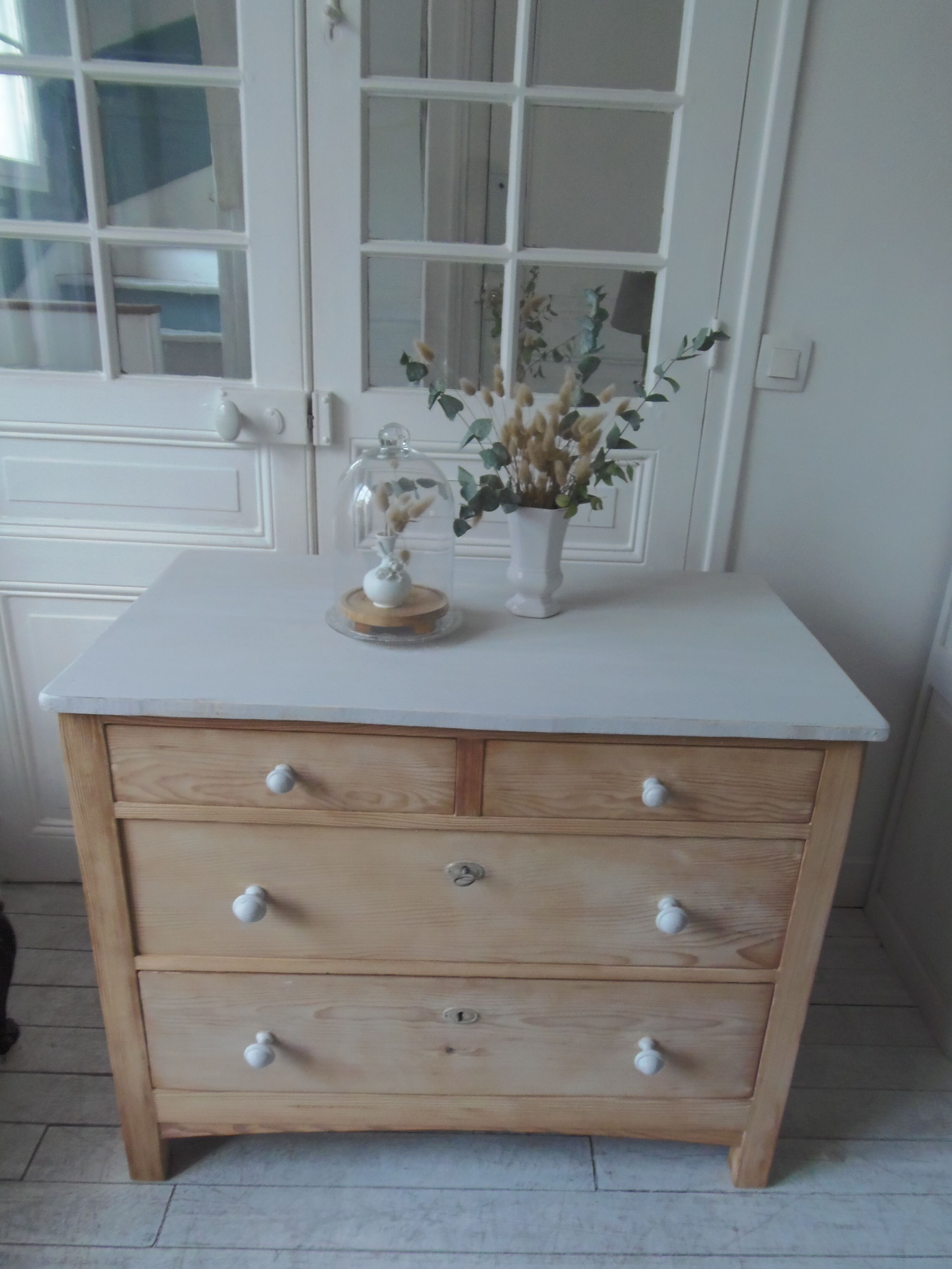 Vintage raw pitchpin chest of drawers, pearl grey patinated drawer tray buttons