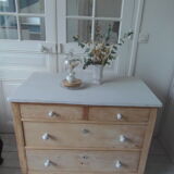 Vintage raw pitchpin chest of drawers, pearl grey patinated drawer tray buttons
