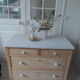Vintage raw pitchpin chest of drawers, pearl grey patinated drawer tray buttons