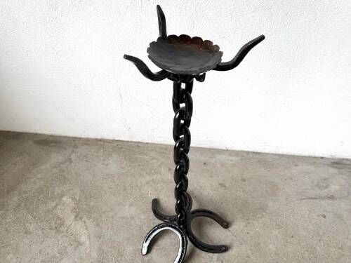 Large wrought iron floor candlestick, folk art, around 1900
