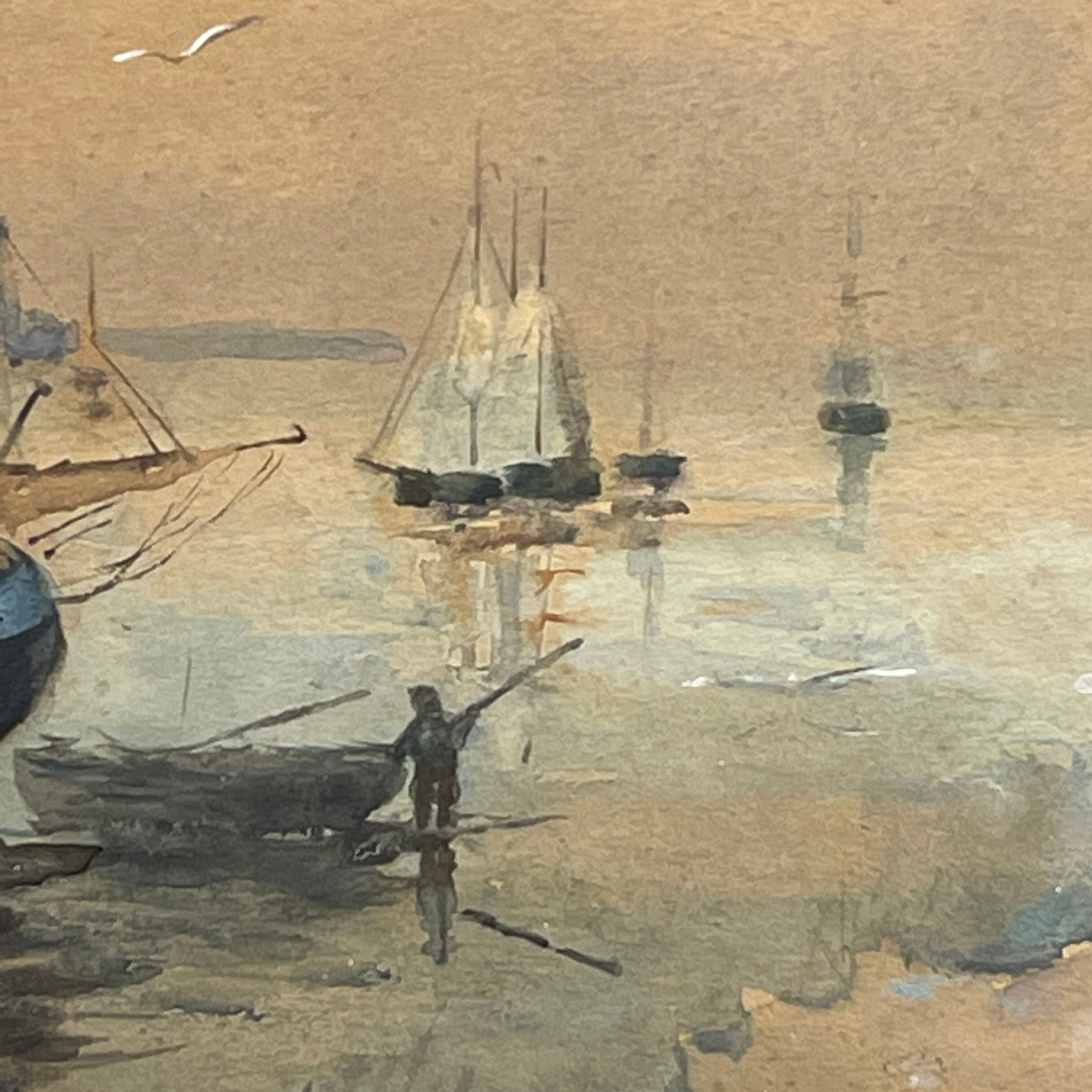 " Boats stranded at low tide " by A. Semlinck, Aquarelle Marine, Bateaux Voiliers, ca 1910