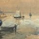 " Boats stranded at low tide " by A. Semlinck, Aquarelle Marine, Bateaux Voiliers, ca 1910