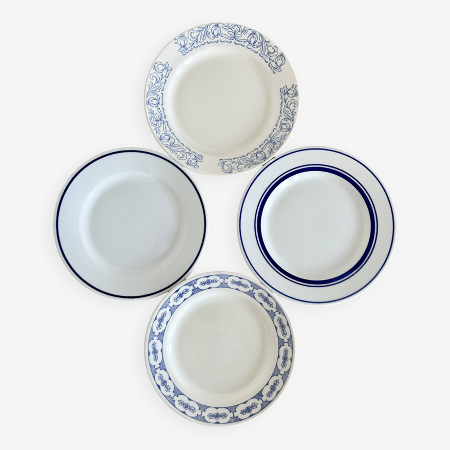 4 assiettes à dessert vintage dépareillées porcelaine bleue et blanche lot  R