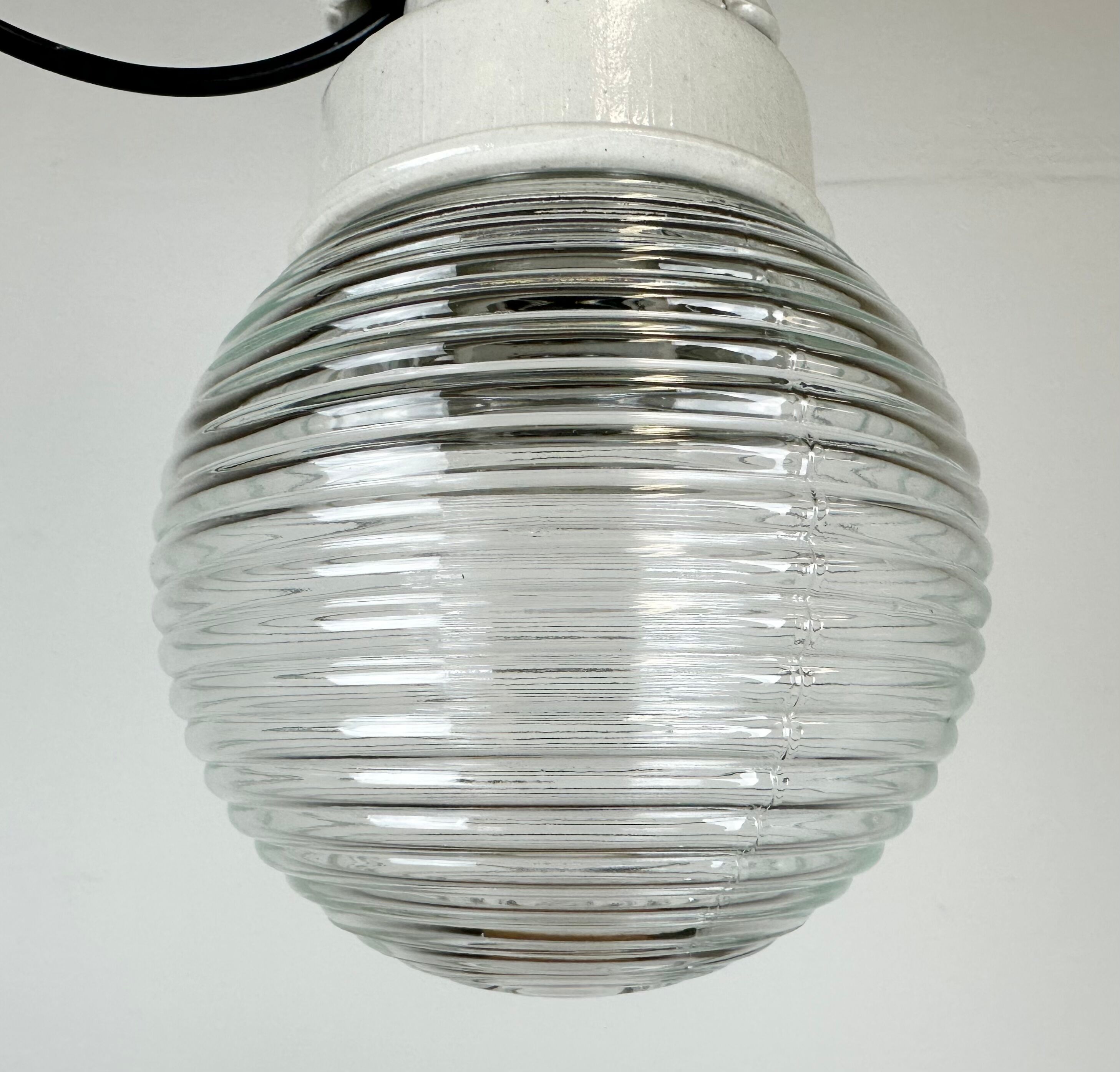 Industrial white porcelain pendant light with ribbed glass, 1970s