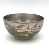 Antique ISLAMIC BOWL in tinned BRASS with engraved decoration and colored patterns