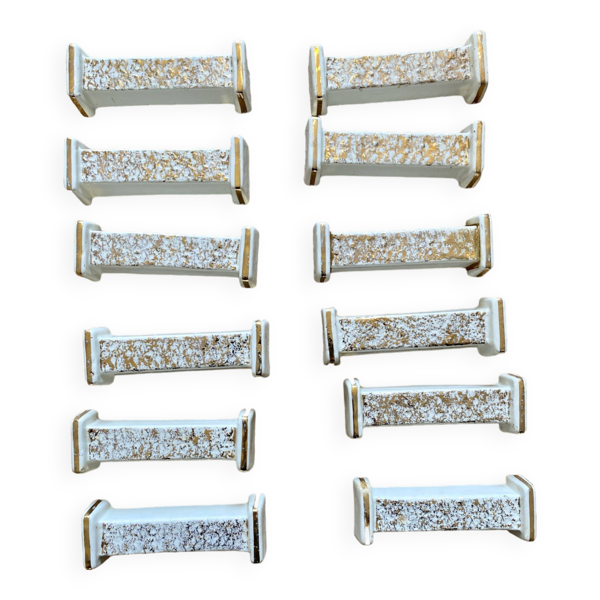 Set of 10 vintage art deco knife holders in white and gold ceramic