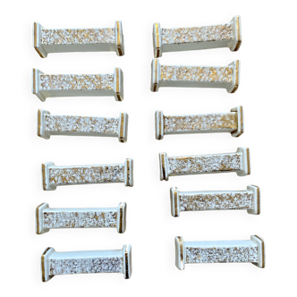 Set of 10 vintage art deco knife holders in white and gold ceramic