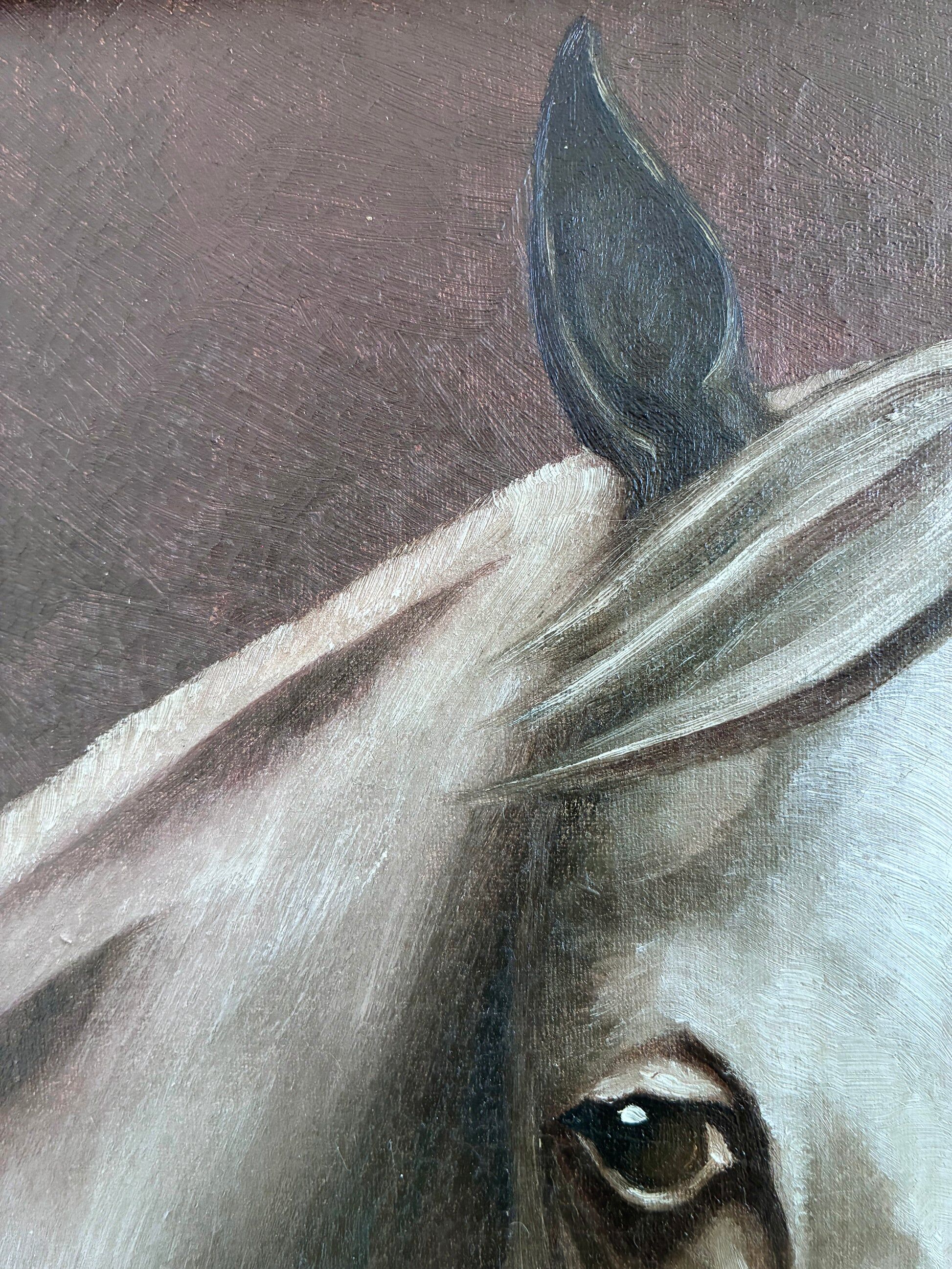 Peinture à l'huile vintage originale de cheval blanc, portrait équestre signé.