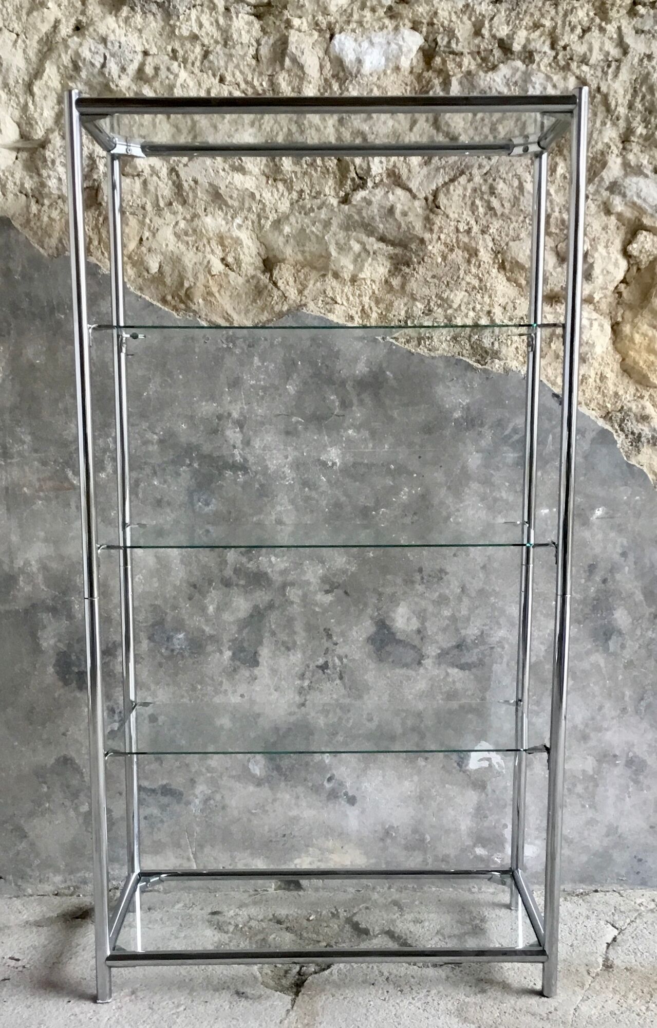 Shelf on chromed metal legs and glass tops 1970