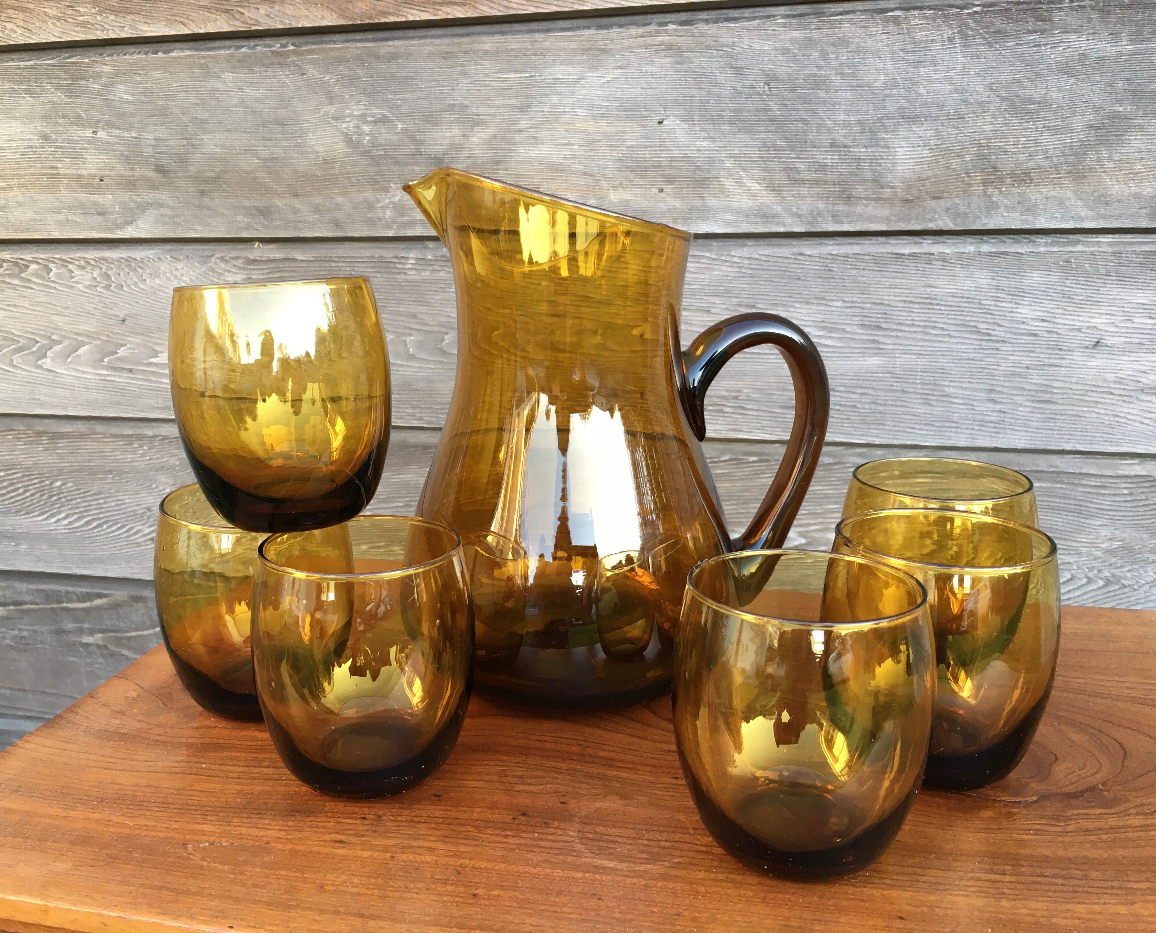Vintage amber glass orangeade service, 1970