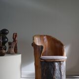 Sculptural brutalist armchair handcrafted in solid pine, Wabi Sabi style, Sweden, 1970s.