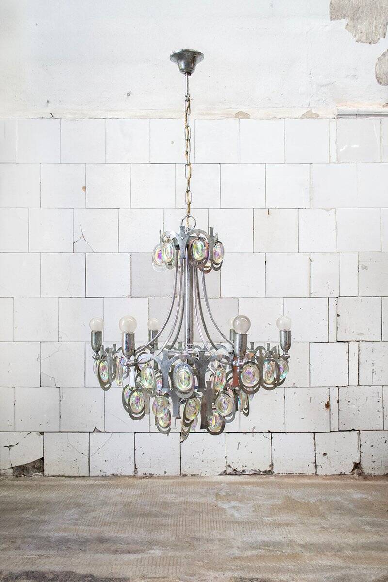 Nine-light chandelier in chrome-plated steel by Gaetano Sciolari, 1960s.