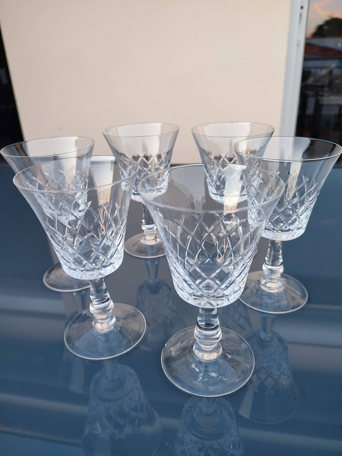6 large cut crystal water glasses in the style of Cristalline de Lorraine.