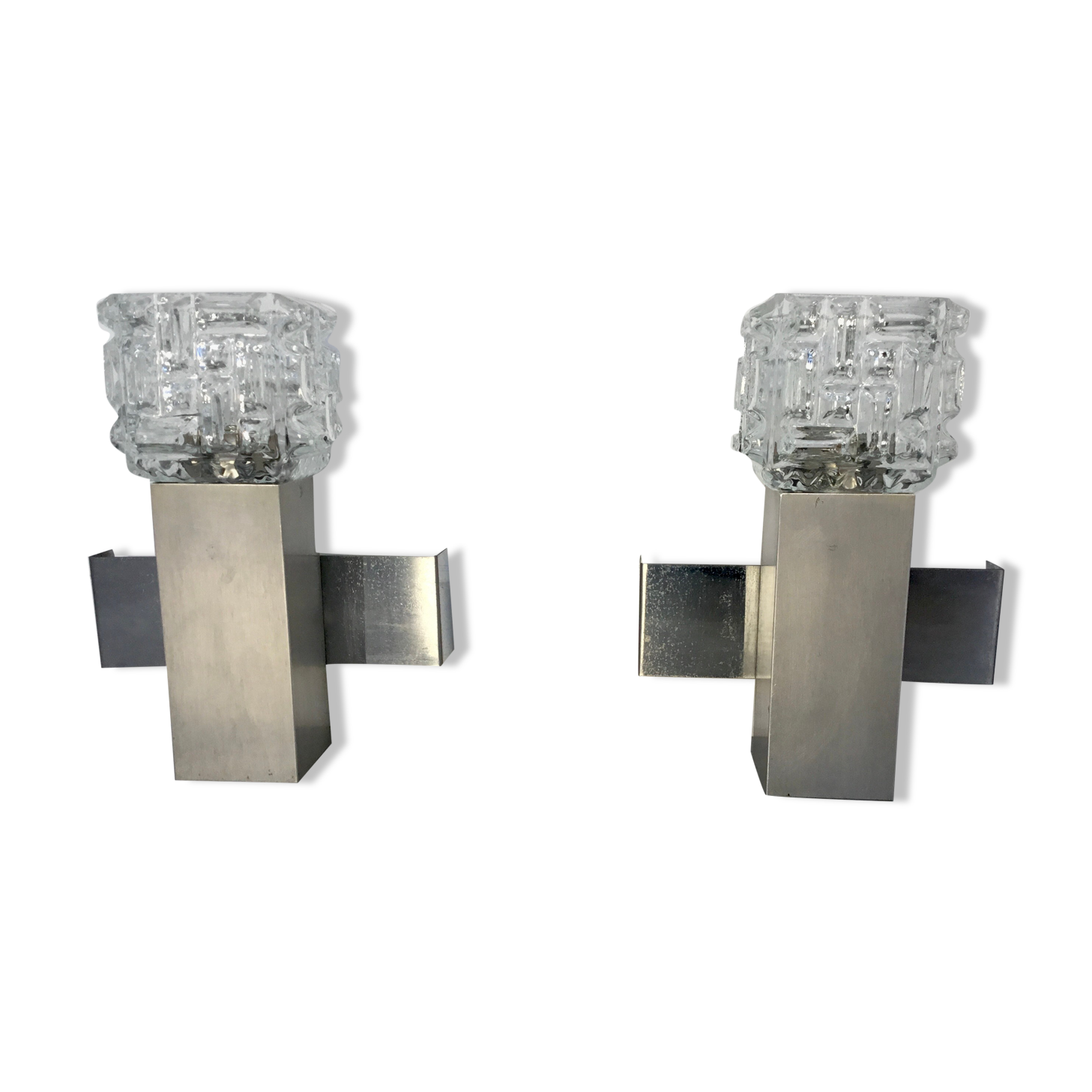 Pair of space age cubist wall lamps in brushed aluminum - design 1970