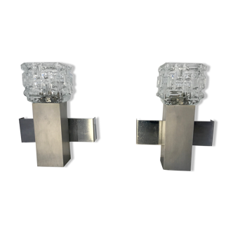 Pair of space age cubist wall lamps in brushed aluminum - design 1970