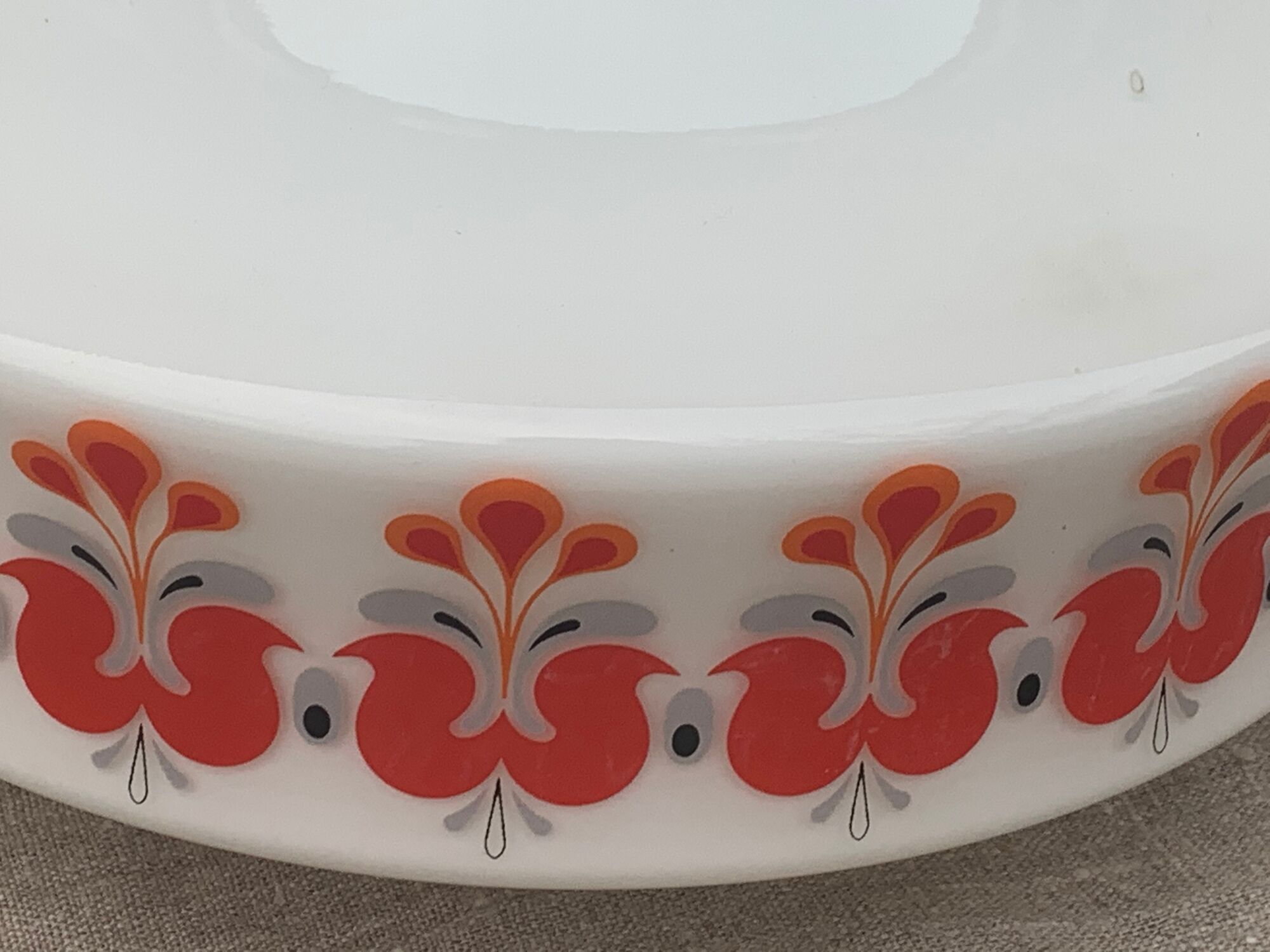 Pendant lamp, white opaline globe with a vintage red design floral pattern 1970