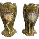 Barbotine vases, pair, Art Nouveau, DE BRUYN earthenware, signed, numbered