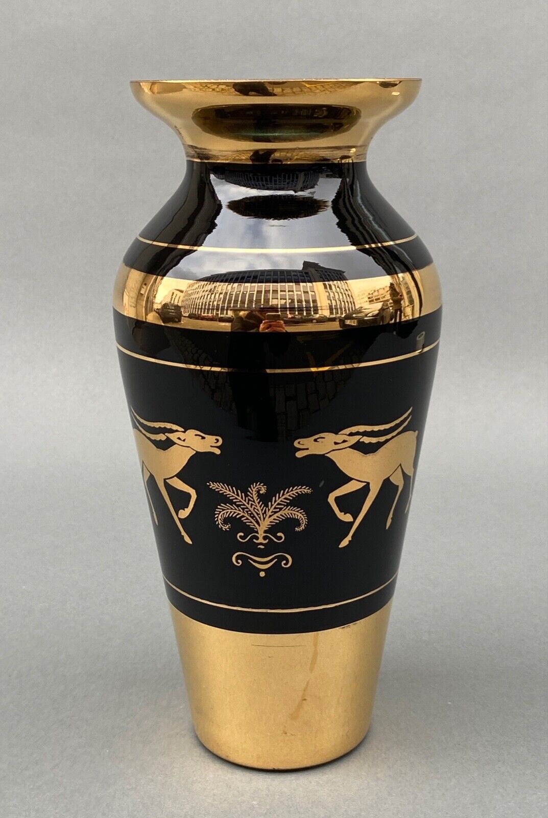 Vase in opaline or opaline glass 1960 decor golden antelopes
