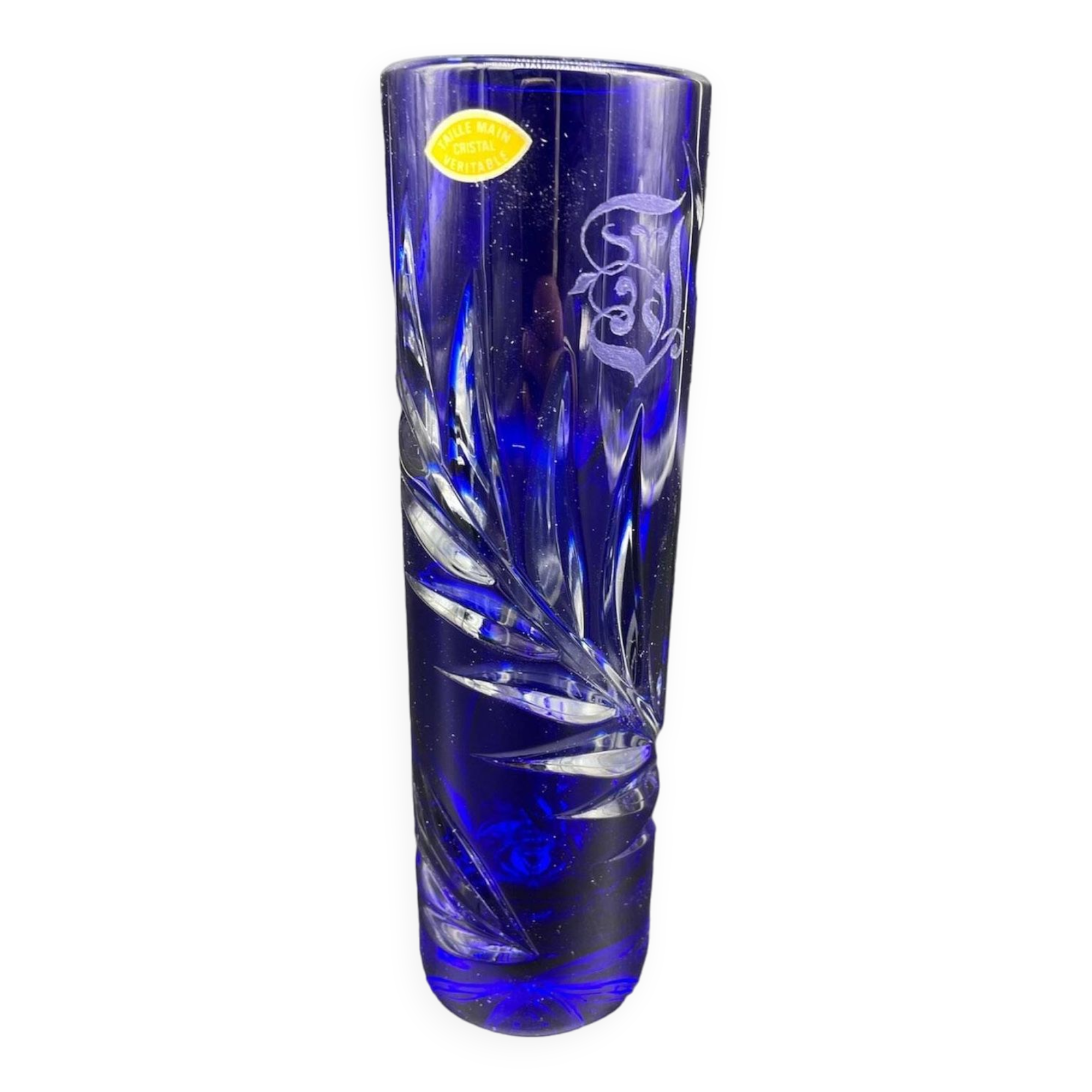 Soliflore vase, tubular, blue crystal, foliage decoration, encrypted, label, hand cut, flowers