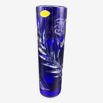 Soliflore vase, tubular, blue crystal, foliage decoration, encrypted, label, hand cut, flowers