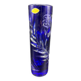 Soliflore vase, tubular, blue crystal, foliage decoration, encrypted, label, hand cut, flowers