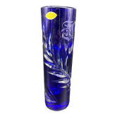 Soliflore vase, tubular, blue crystal, foliage decoration, encrypted, label, hand cut, flowers